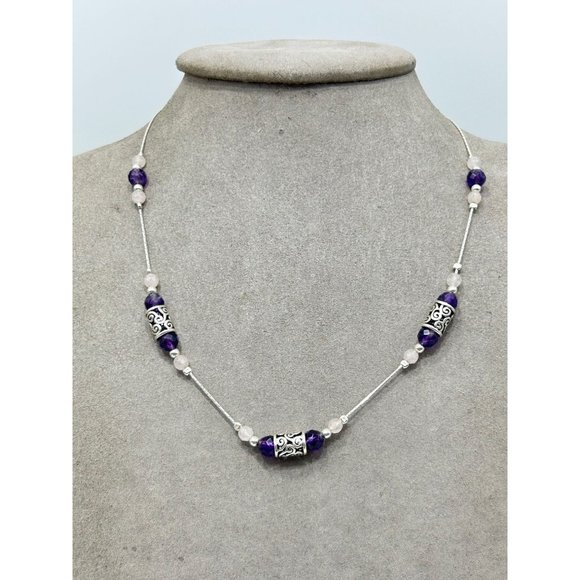 Amethyst & Pink Quartz Sterling Silver Station Necklace Signed PZ Israel 925 - Picture 2 of 7